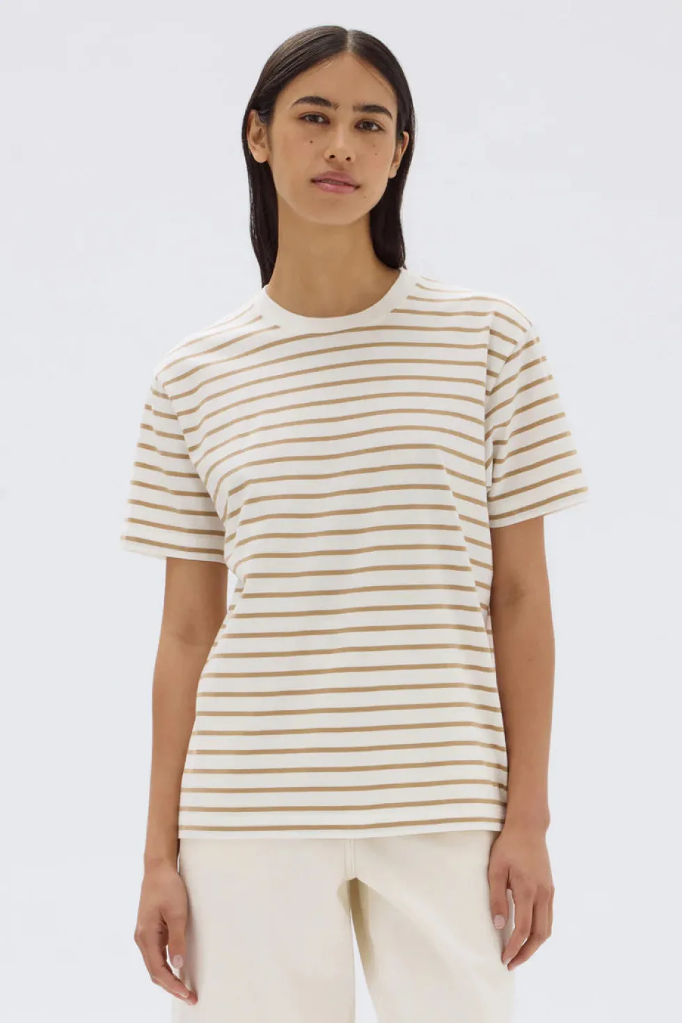 Hot 'Women Port Stripe Tee' - White/Tan Tops|Basics