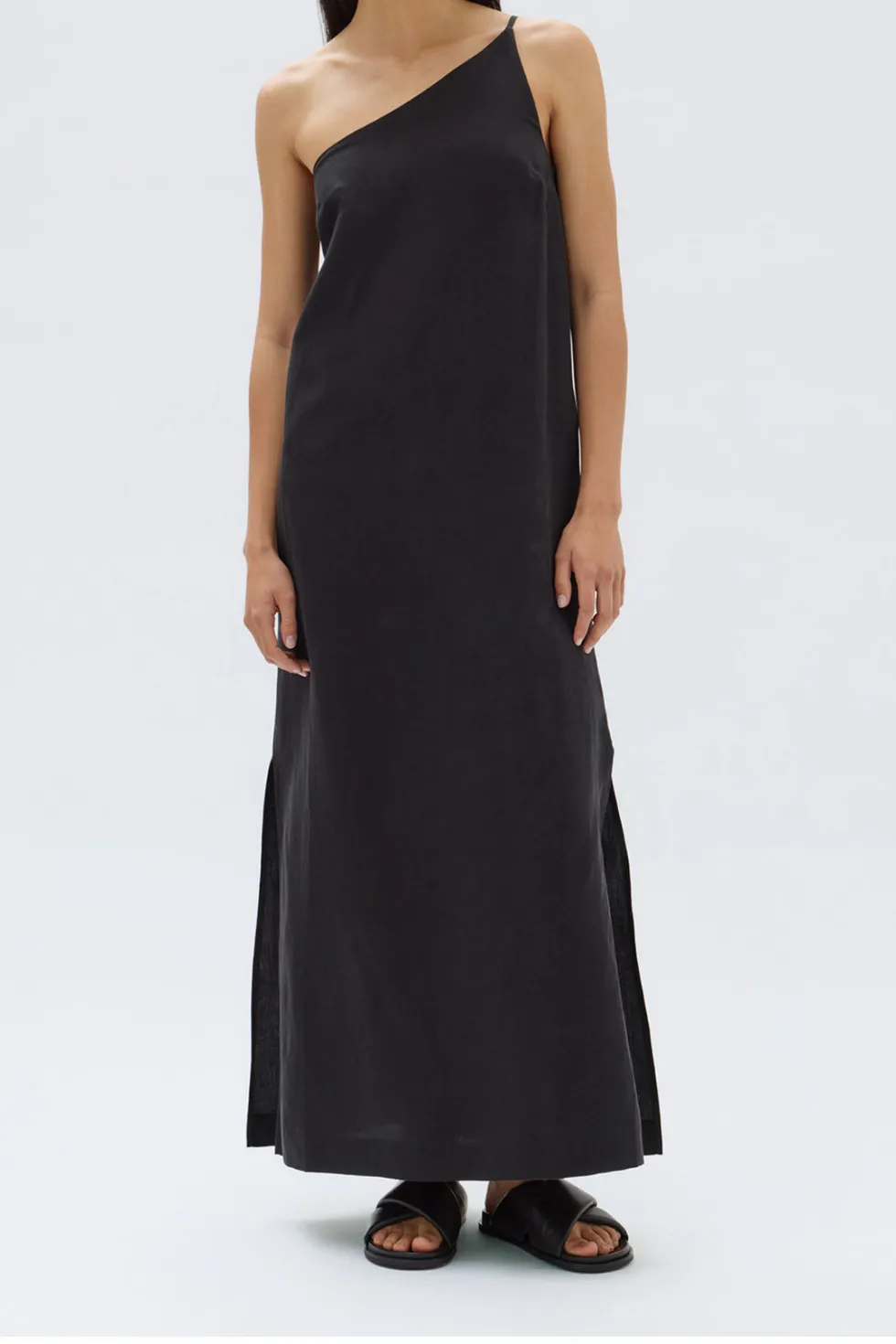 Clearance 'Farriday Linen Silk Asymmetric Midi Dress' - Black Dresses